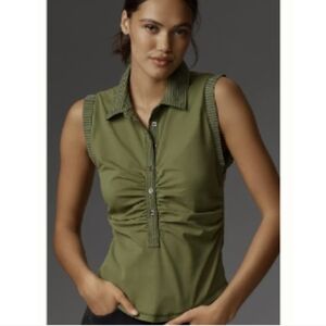 NWT Pilcro Ruched Khaki Polo Top with Buttons